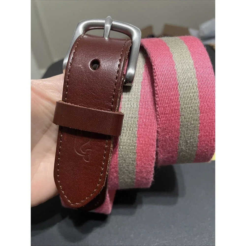 Vineyard Vines Striped Canvas Club Belt Pink Tan Size 34 Brown Leather Silver